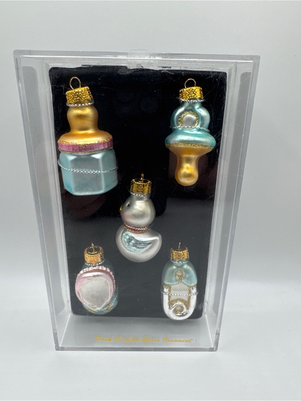 Vintage Unique Treasures Mini Glass Baby Ornaments Set 5 Pc Hand Crafted Box